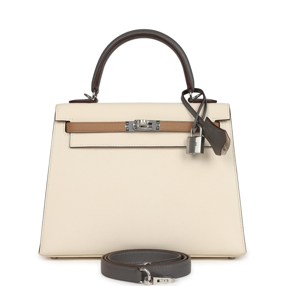 Hermes Kelly Sellier 25 Tri-Color Nata, Gris Meyer and Chai Epsom Palladium Hardware – Accessorio premium elegante
