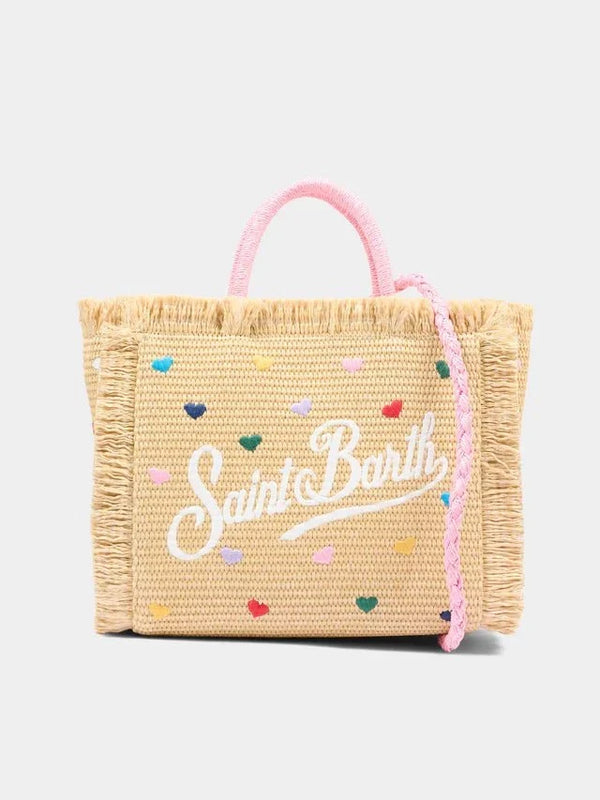 Borsa Mini Vanity in raffia con ricami cuori