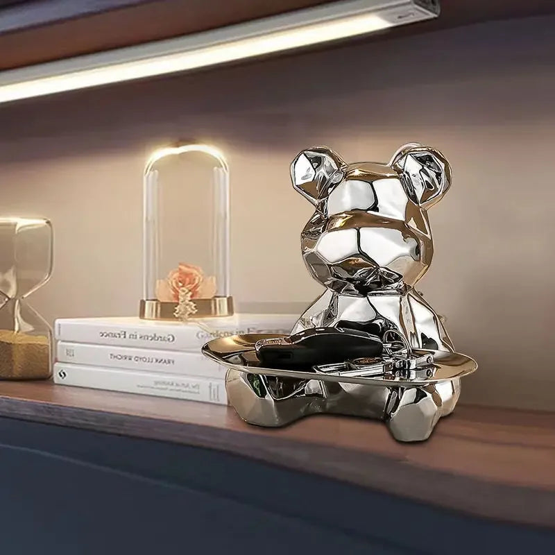 Statua geometrica dell'orso con vassoio portaoggetti – Accessorio premium elegante