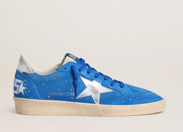 Ball Star in suede azzurro con borchie e stella in pelle laminata argento