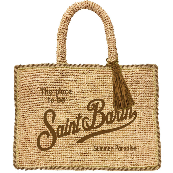 Borsa Vanity in raffia con logo e bordi marrone