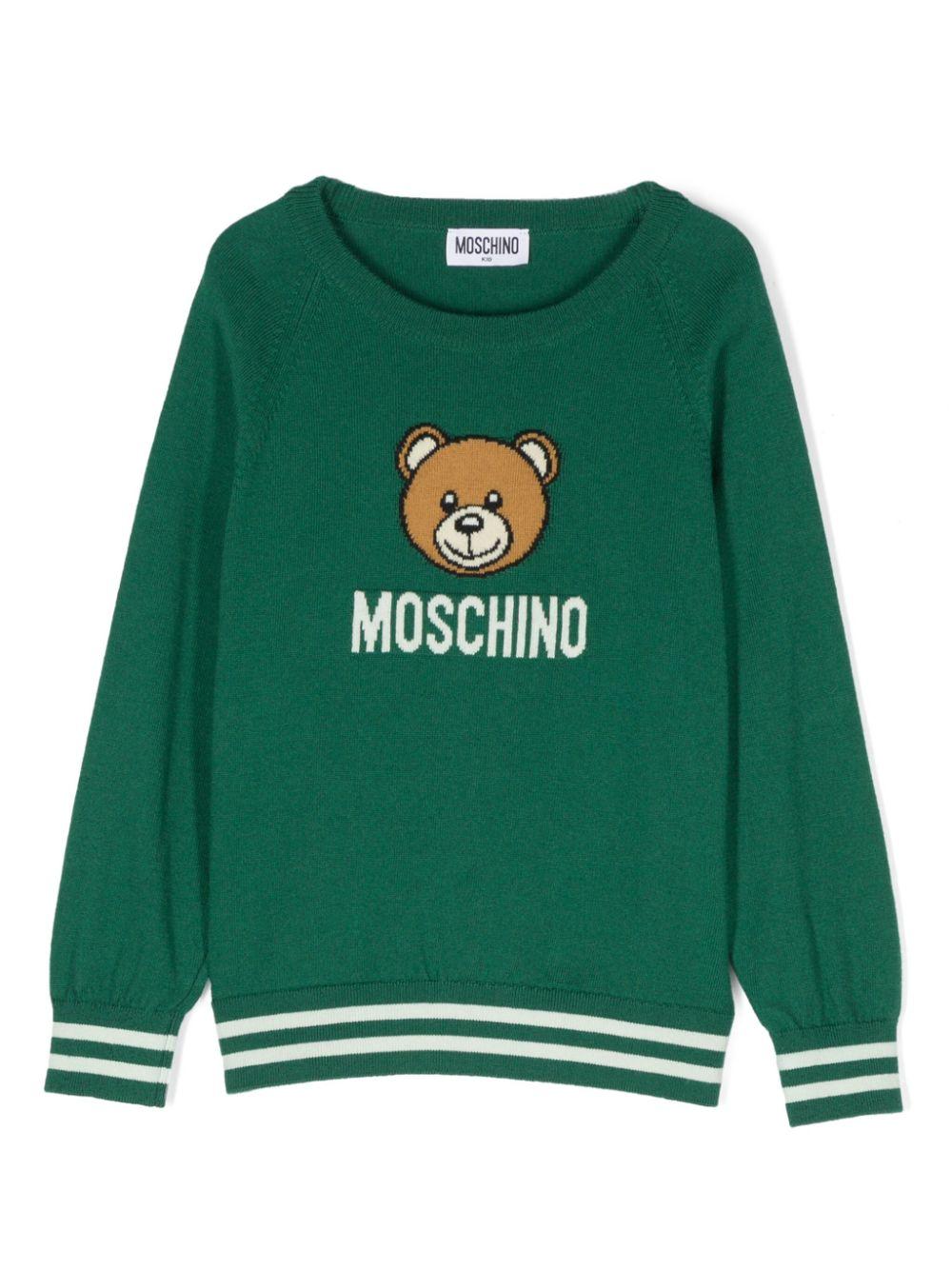 Maglione per bambina Moschino Kids verde con logo intarsiato e ricamo Teddy Bear – Accessorio premium elegante