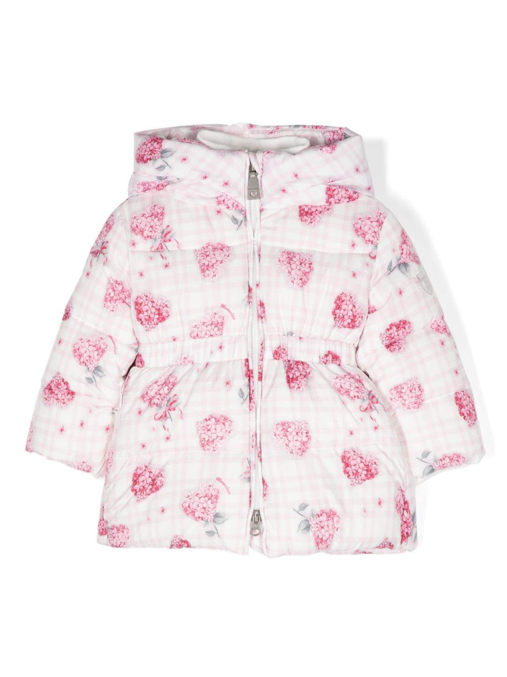 Piumino lungo a fiori per neonata Monnalisa bianco con cappuccio – Accessorio premium elegante