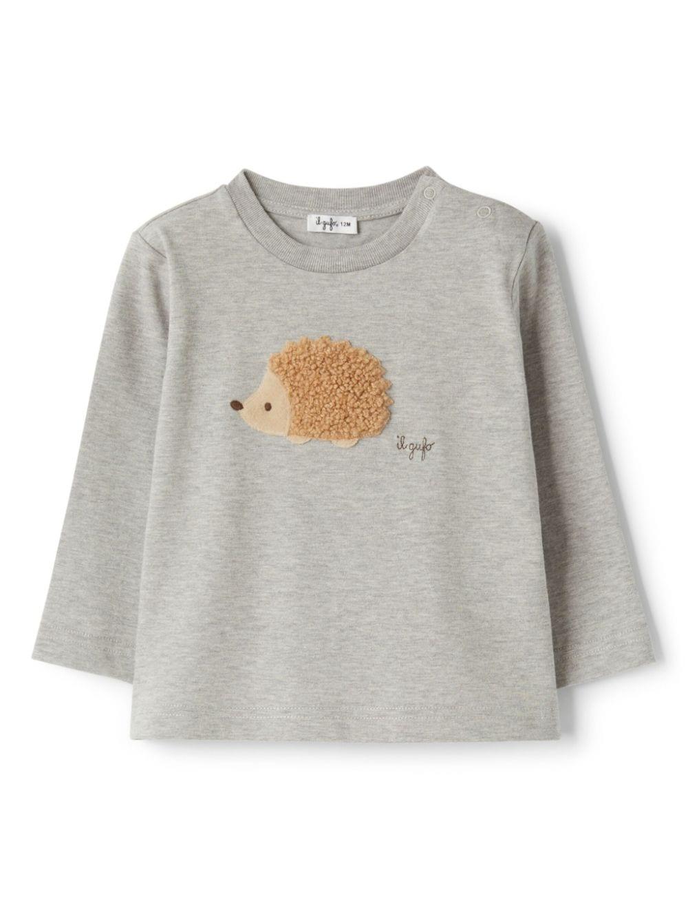 T shirt per neonati grigia Il Gufo con applicazione istrice in pelliccia – Accessorio premium elegante