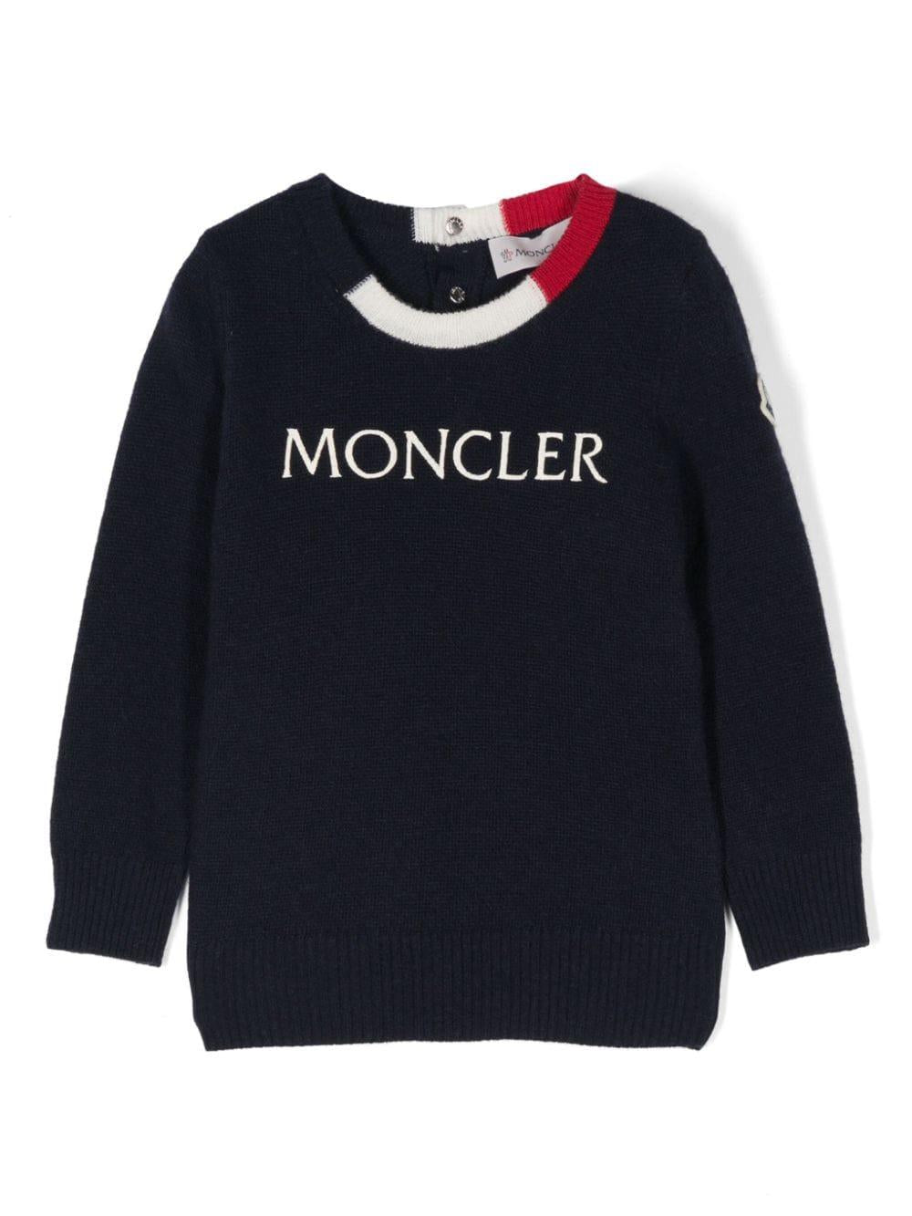 Maglione con ricamo logo per neonato Moncler Enfant blu con rifinitura a coste – Accessorio premium elegante
