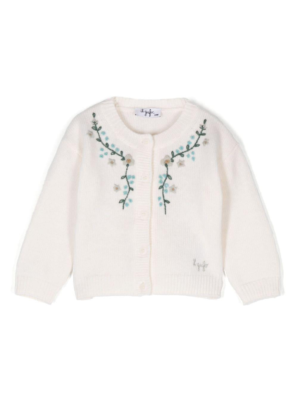 Cardigan in lana ricamato per neonato Il Gufo bianco con bordino a coste – Accessorio premium elegante