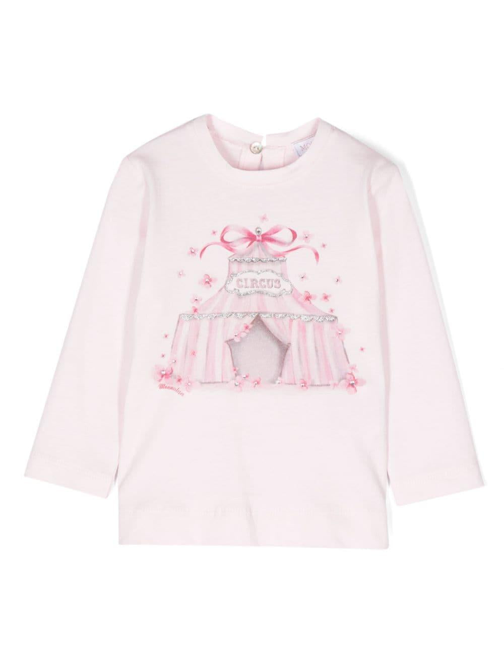 T-shirt St. Circus con stampa grafica per neonata Monnalisa rosa con decorazione con strass – Accessorio premium elegante
