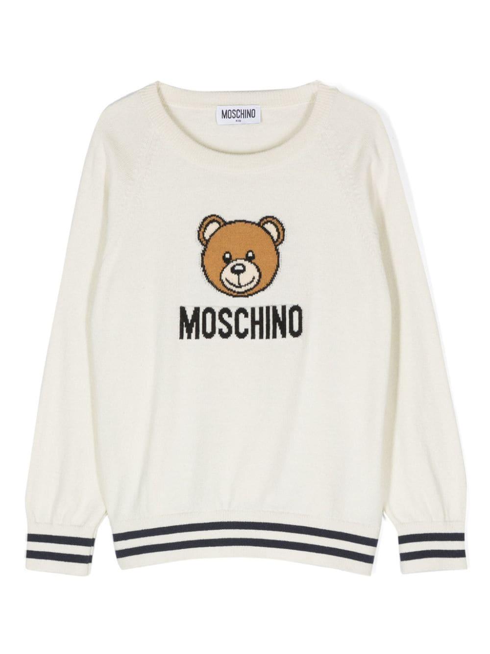 Maglione per bambina Moschino Kids bianco con logo intarsiato e ricamo Teddy Bear – Accessorio premium elegante