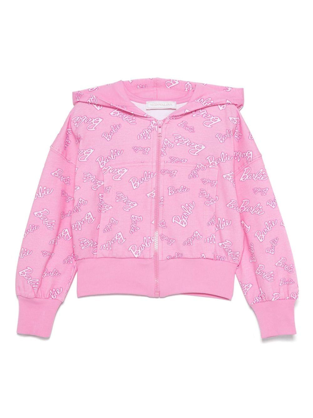 Felpa con cappuccio con stampa del logo x Barbie per bambina Monnalisa rosa con spalle scese – Accessorio premium elegante