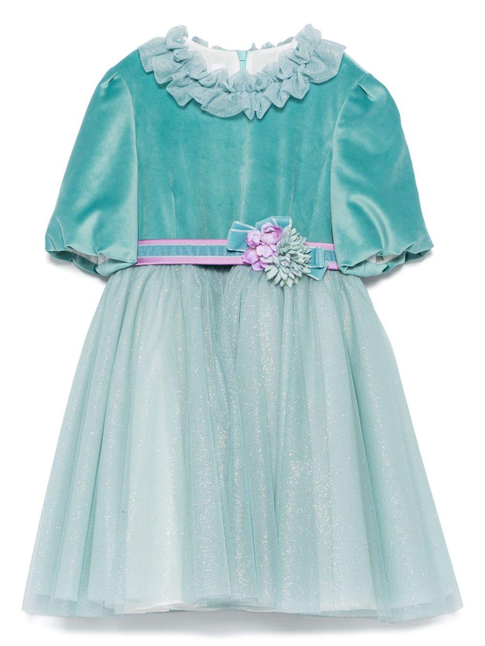 Abito per bambina Colorichiari azzurro a fiori con dettagli glitter – Accessorio premium elegante