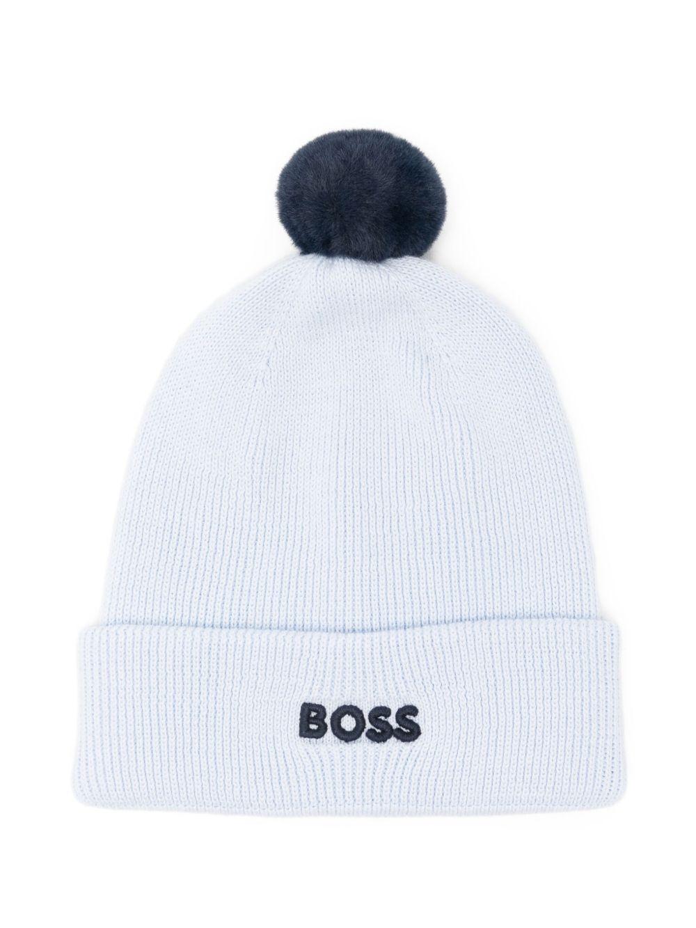 Berretto per neonato Boss Kids azzurro con pompon in maglia – Accessorio premium elegante