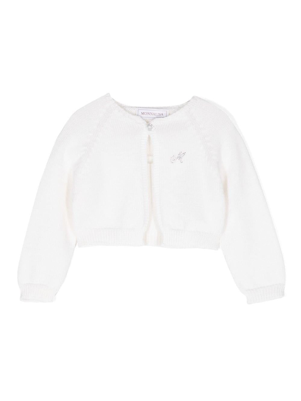 Cardigan per neonata Monnalisa bianco con applicazione con logo di strass – Accessorio premium elegante