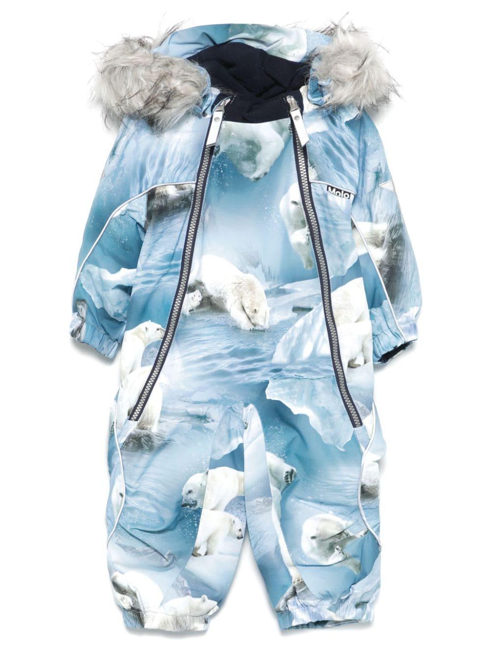 Tuta da neve per neonato Molo Box Fur azzurro con cappuccio con bordo in pelliccia – Accessorio premium elegante