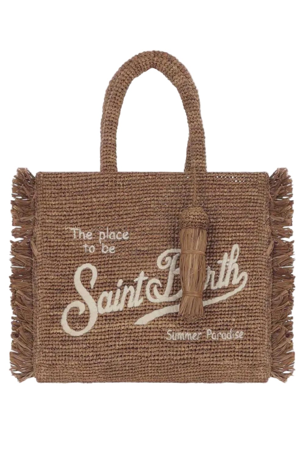 Borsa Colette in raffia scura con frange e nappina