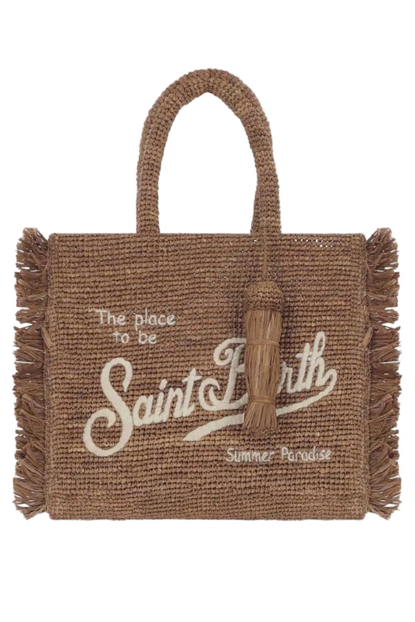 Borsa Colette in raffia scura con frange e nappina