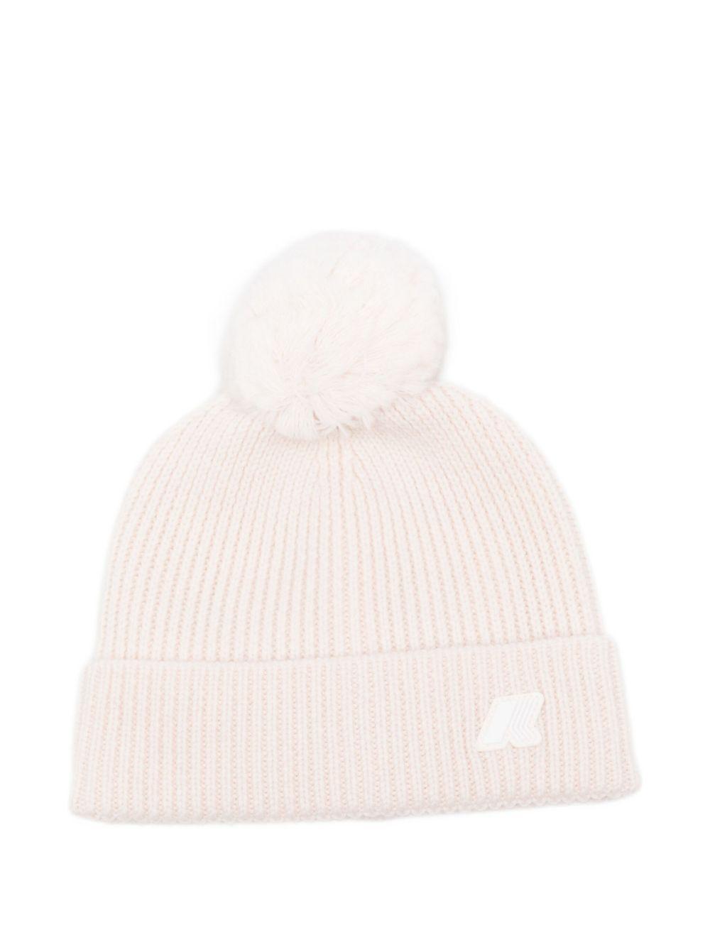 Berretto per bambina K-Way Kids beige con pompon a coste – Accessorio premium elegante