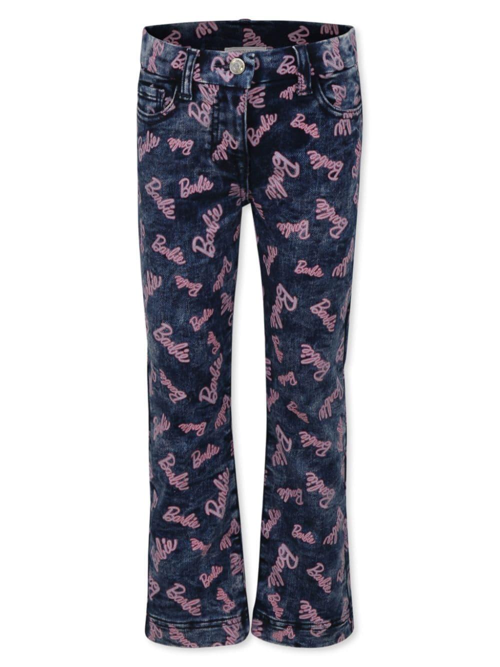 Jeans svasati per bambina Monnalisa x Barbie in denim con stampa all-over – Accessorio premium elegante