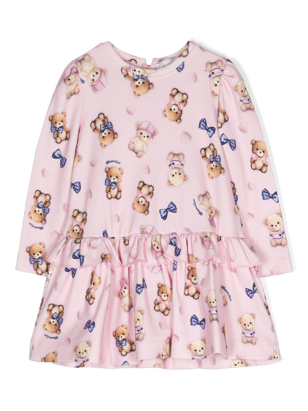 Abito per neonata Monnalisa rosa con stampa Teddy Bear – Accessorio premium elegante
