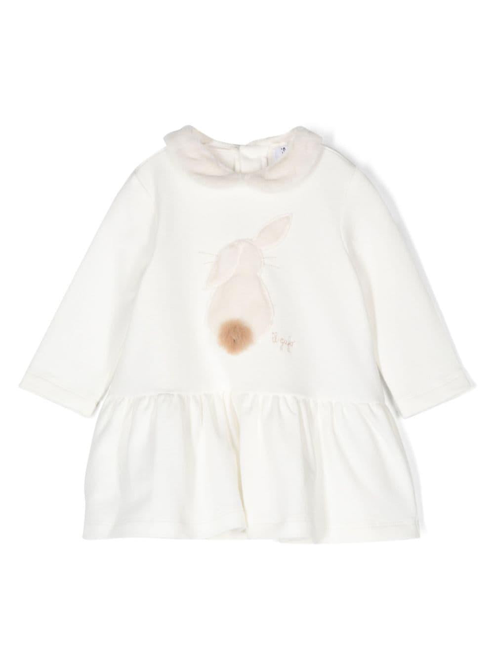 Abito con logo ricamato per bambina Il Gufo bianco con applicazione di coniglio – Accessorio premium elegante