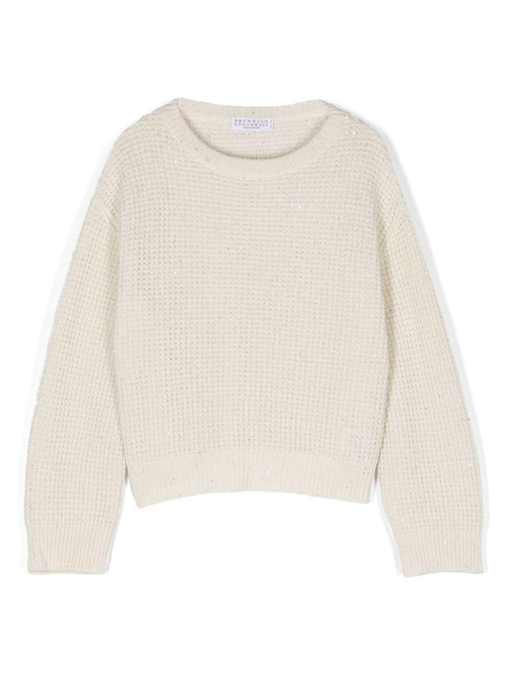 Maglione scintillante per bambina Brunello Cucinelli Kids beige con scollo rotondo – Accessorio premium elegante