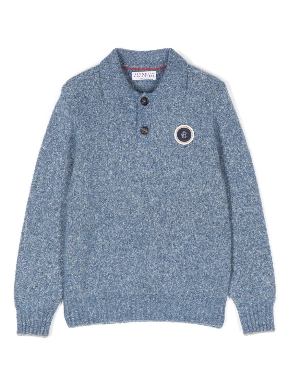 Maglione con applicazione per bambino Brunello Cucinelli Kids blu con rifinitura a coste – Accessorio premium elegante