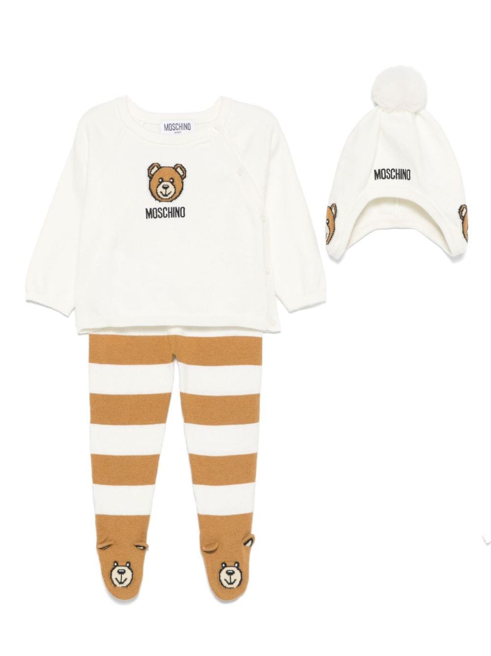 Set pantaloni Teddy Bear per neonato Moschino Kids bianca con bordi a coste – Accessorio premium elegante