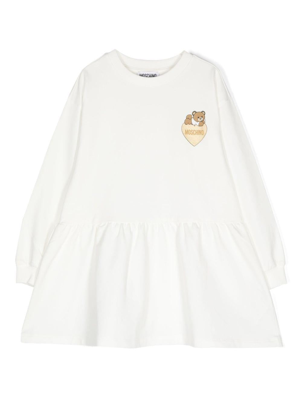 Abito per bambina Moschino Kids bianco con stampa Teddy Bear – Accessorio premium elegante