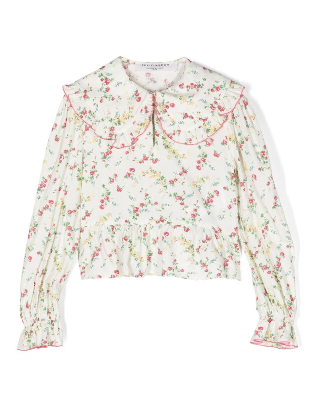 Blusa a fiori per bambina Philosophy Di Lorenzo Serafini Kids bianco con scollo a goccia – Accessorio premium elegante