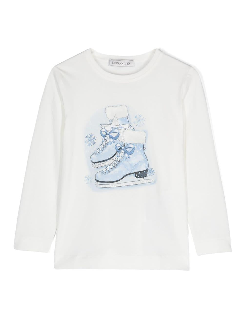 T shirt per bambina bianca Monnalisa con pattini sul ghiaccio stampati – Accessorio premium elegante