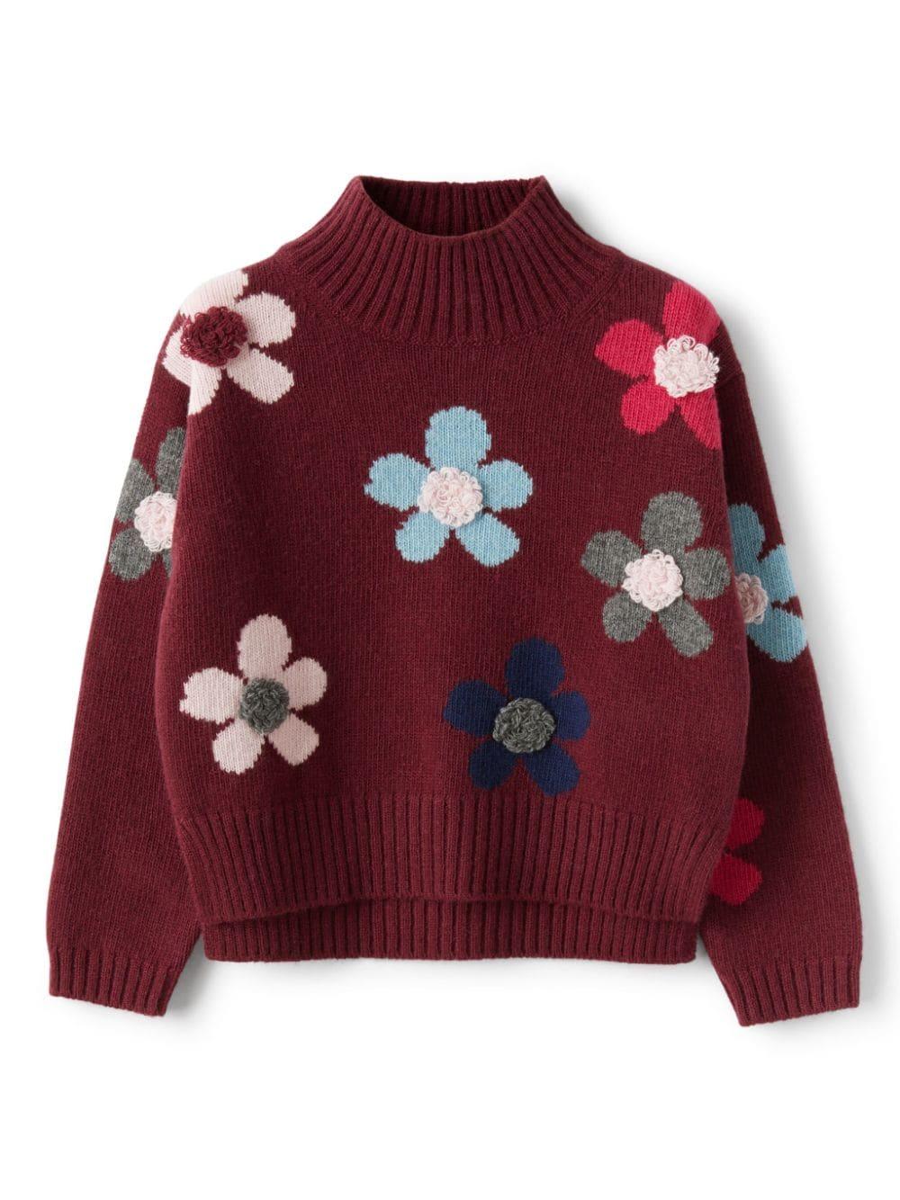 Maglione a fiori per bambina Il Gufo rosso con dettaglio con pompon – Accessorio premium elegante