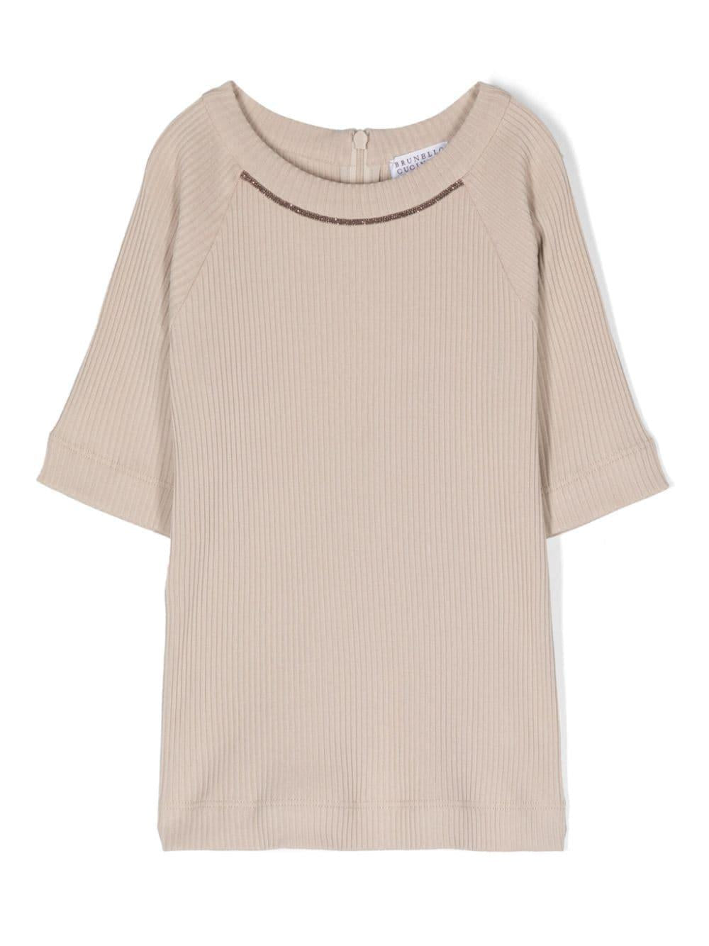 T-shirt con dettaglio Monili per bambina Brunello Cucinelli Kids beige con girocollo a costine – Accessorio premium elegante