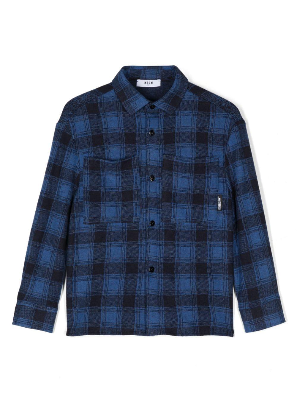 Camicia con motivo tartan per bambino MSGM Kids blu con colletto alla francese – Accessorio premium elegante