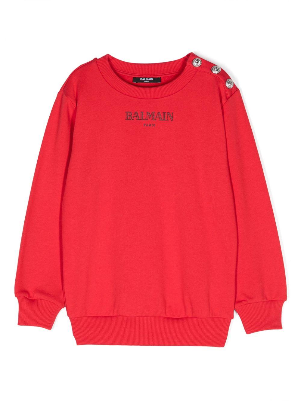 Felpa in cotone con stampa logo per bambina Balmain Kids rosso con fondo dritto – Accessorio premium elegante