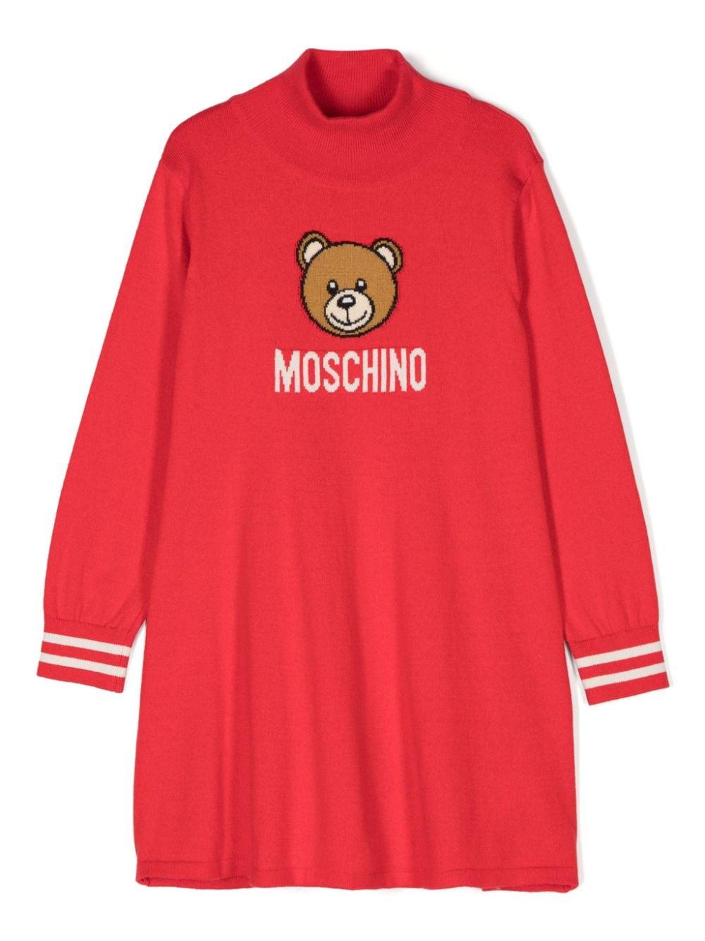 Abito per bambina Moschino Kids rosso lavorato a maglia con motivo Teddy Bear – Accessorio premium elegante