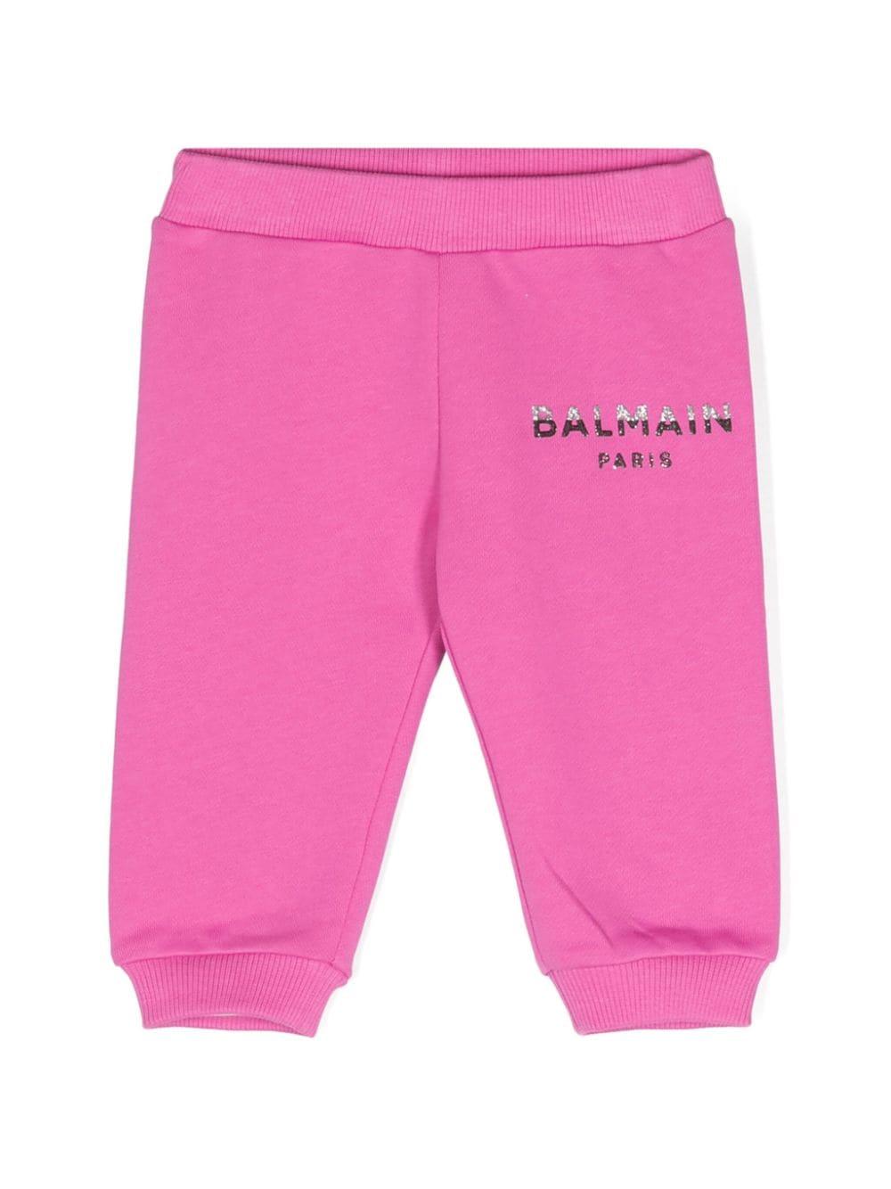Pantaloni sportivi con stampa per neonata Balmain Kids rosa con vita elasticizzata – Accessorio premium elegante