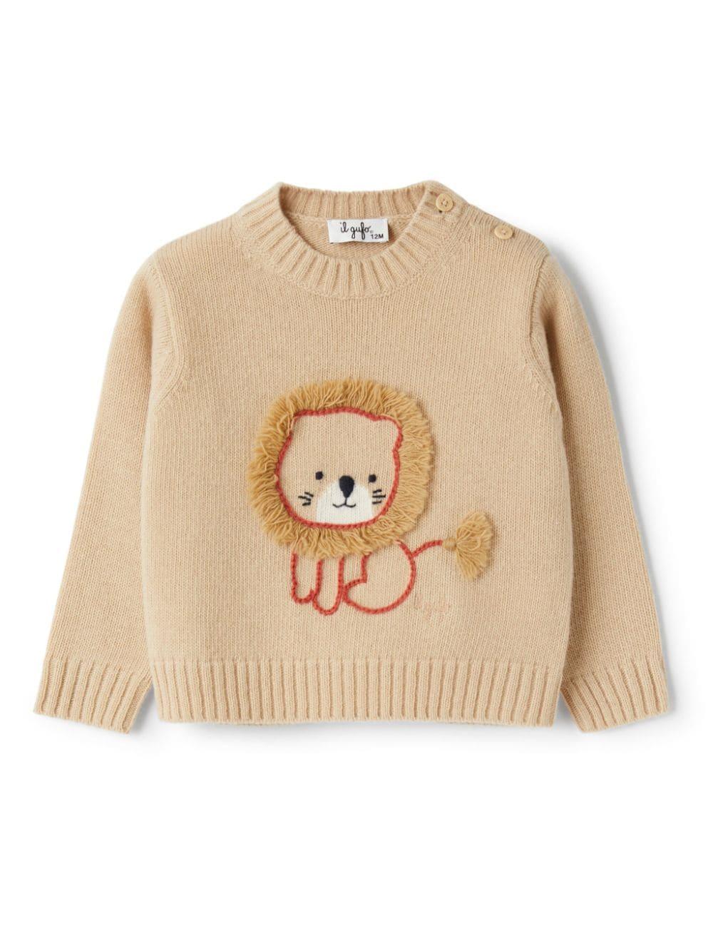 Maglione per neonato Il Gufo beige con ricamo leone lavorato a maglia – Accessorio premium elegante