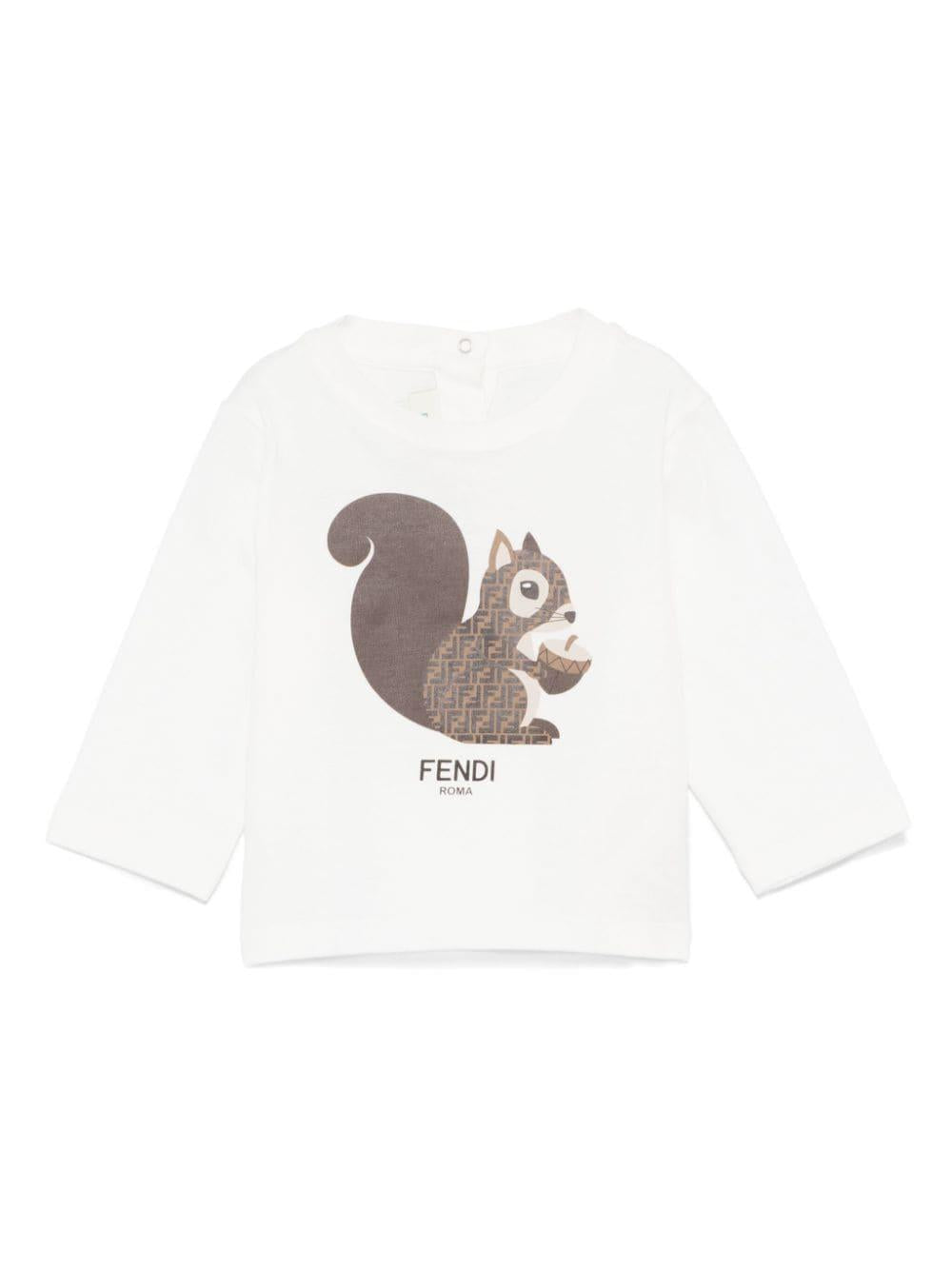 T-shirt per neonato Fendi Kids bianco con stampa scoiattolo logato FF – Accessorio premium elegante