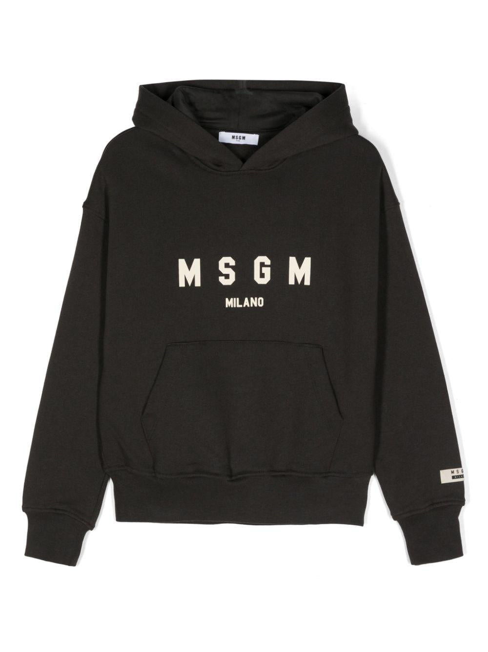 Felpa per bambino MSGM Kids nero con cappuccio e applicazione logo sulla manica – Accessorio premium elegante