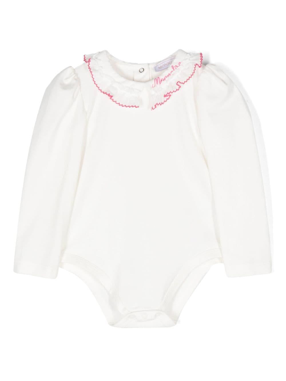 Body con ricamo per neonata Monnalisa bianco con collo con logo – Accessorio premium elegante