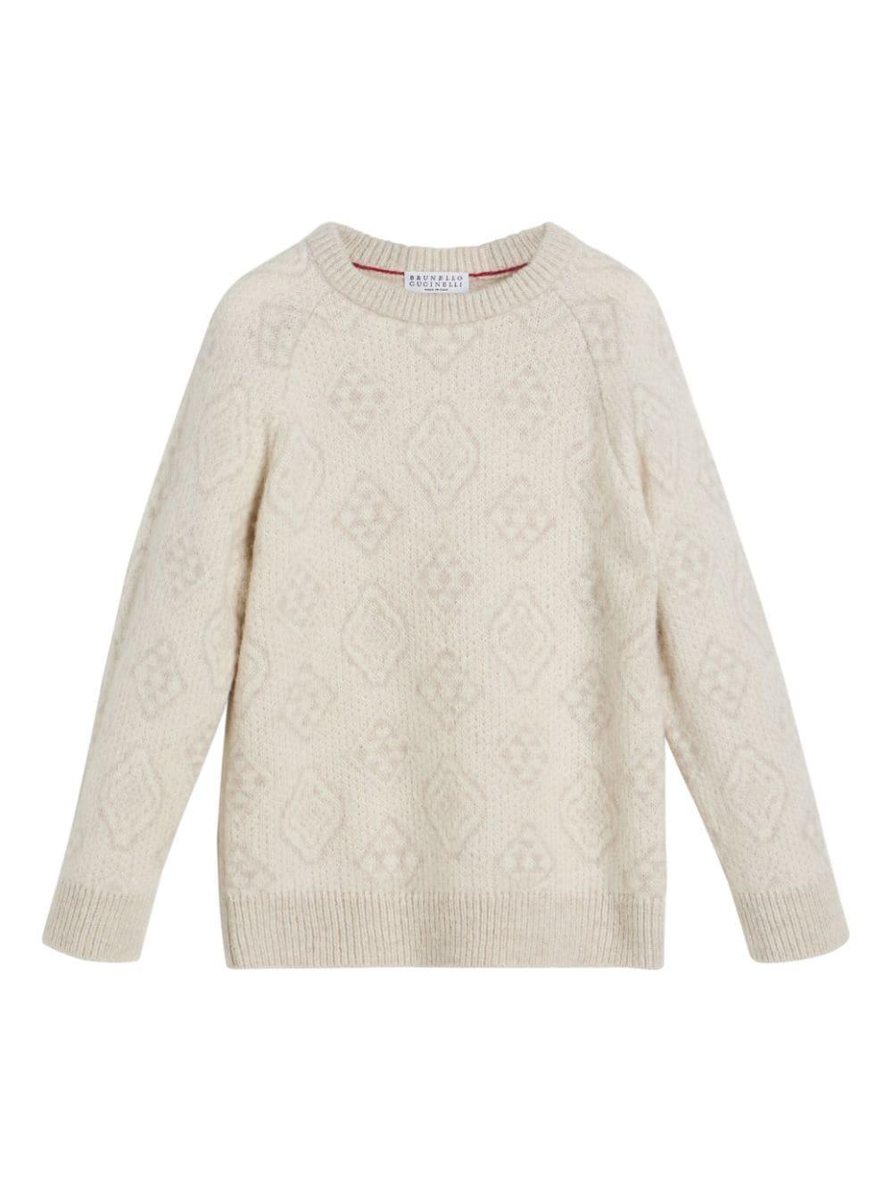 Maglione lavorato a maglia per bambino Brunello Cucinelli Kids bianco con intarsio fantasia – Accessorio premium elegante