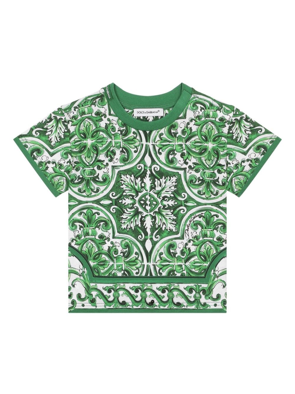 T-shirt con stampa maioliche per neonato Dolce & Gabbana Kids verde con girocollo – Accessorio premium elegante