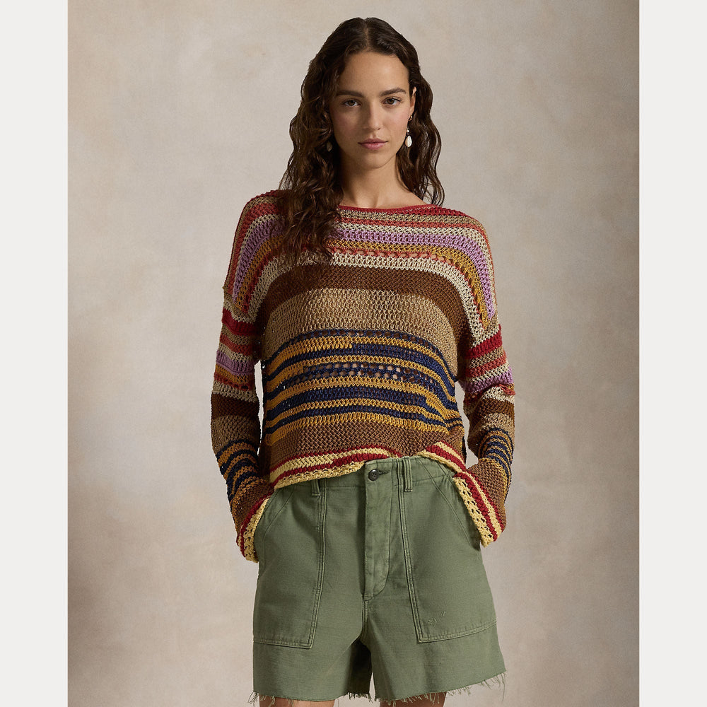 STRIPED LINEN-COTTON CROCHETED SWEATER – Accessorio premium elegante