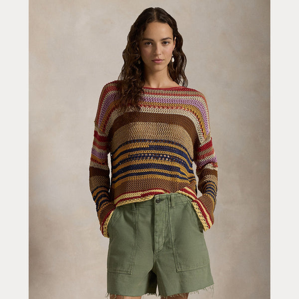 STRIPED LINEN-COTTON CROCHETED SWEATER – Accessorio premium elegante