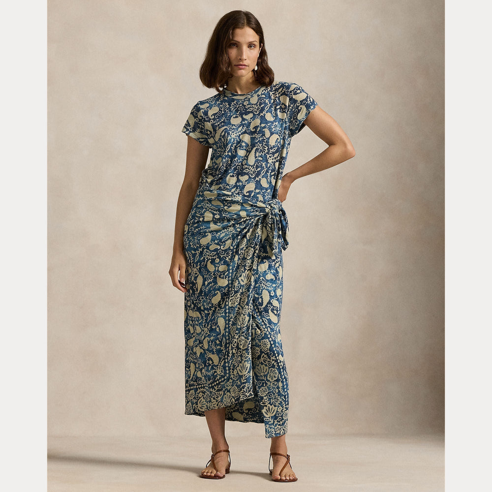 PRINT LINEN FAUX-WRAP DRESS – Accessorio premium elegante
