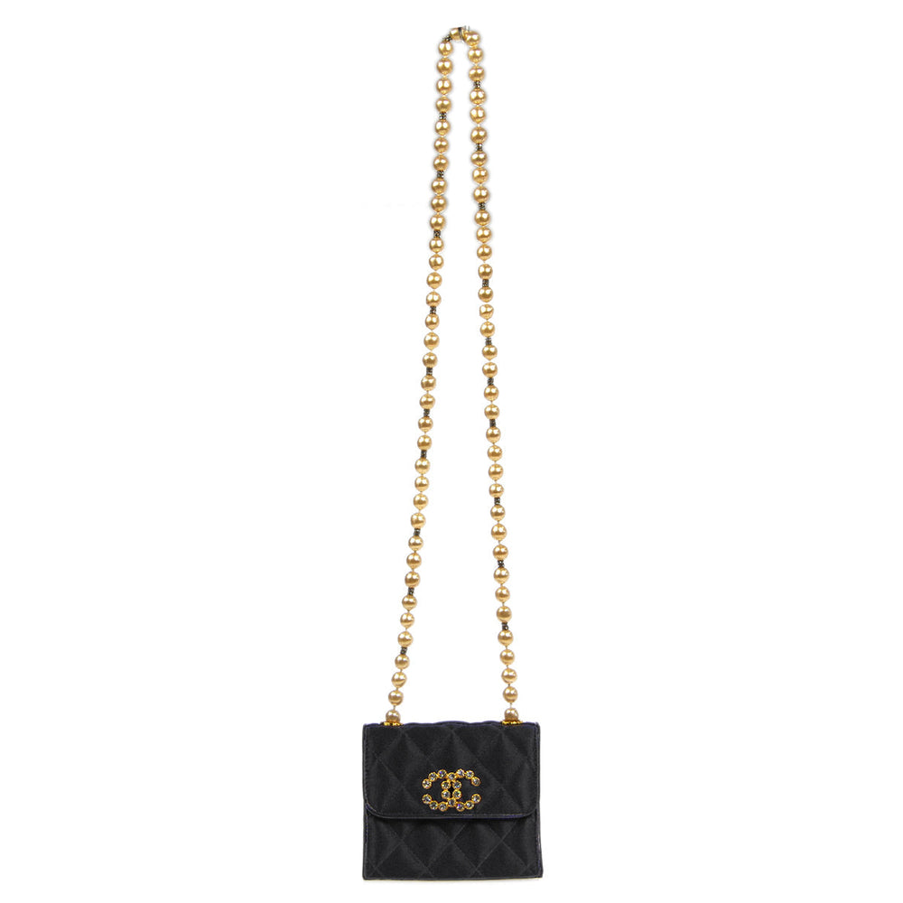 CHANEL * Jumbo Rhinestone Pearl Mini Shoulder Bag Black Satin – Accessorio premium elegante