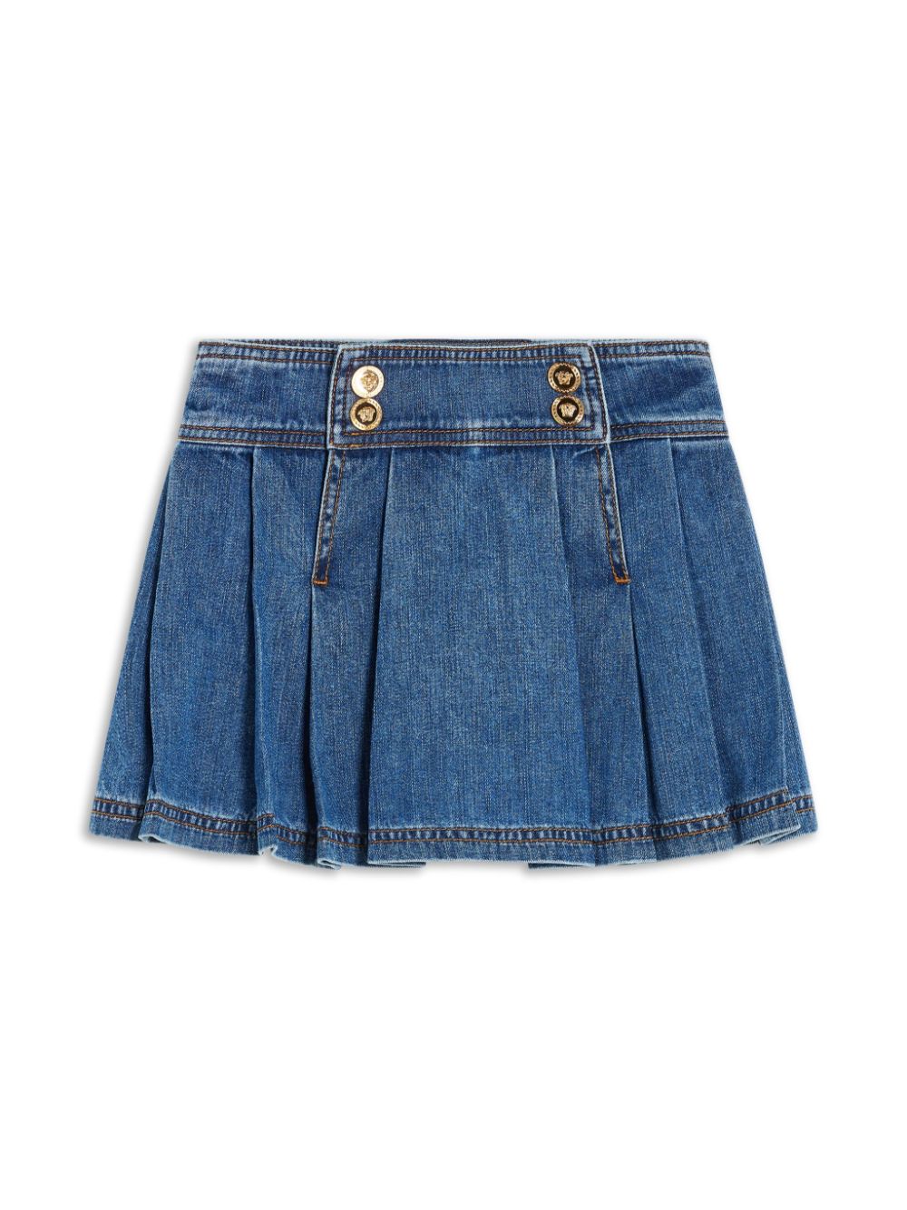Minigonna Medusa denim plissettata per bambina Versace Kids blu con chiusura con doppio bottone – Accessorio premium elegante