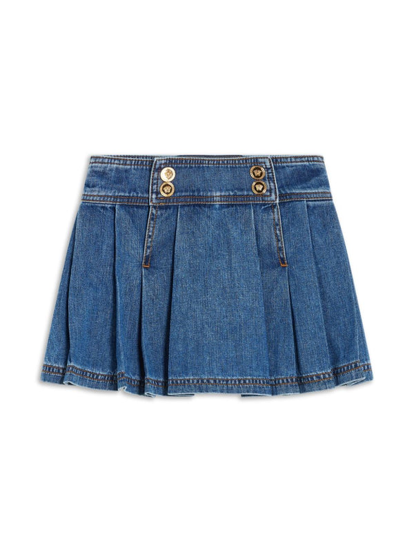 Minigonna Medusa denim plissettata per bambina Versace Kids blu con chiusura con doppio bottone – Accessorio premium elegante