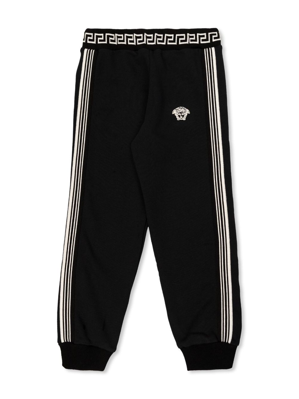 Pantaloni sportivi con ricamo per bambino Versace Kids neri con orli a coste – Accessorio premium elegante