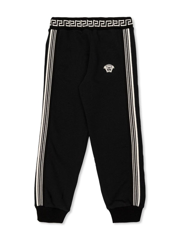 Pantaloni sportivi con ricamo per bambino Versace Kids neri con orli a coste – Accessorio premium elegante