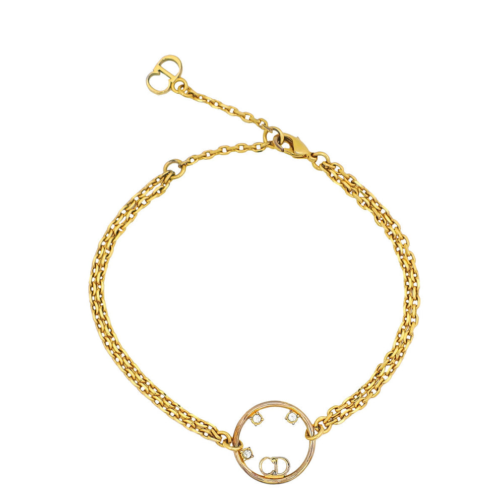 Christian Dior Yellow Gold Finish CD Crystal Station Double Chain Bracelet – Accessorio premium elegante